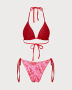 Kırmızı Çiçekli Çift Taraflı Bikini Takımı