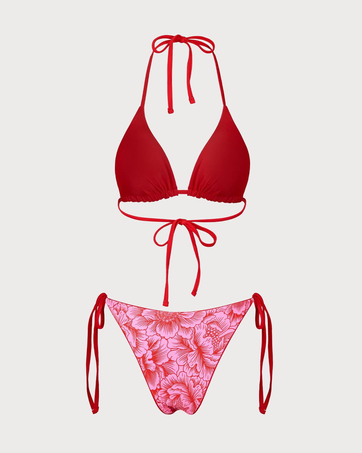 Kırmızı Çiçekli Çift Taraflı Bikini Takımı