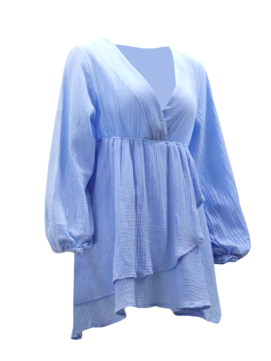 Kemersiz V Yaka Fener Kollu Mini Elbise