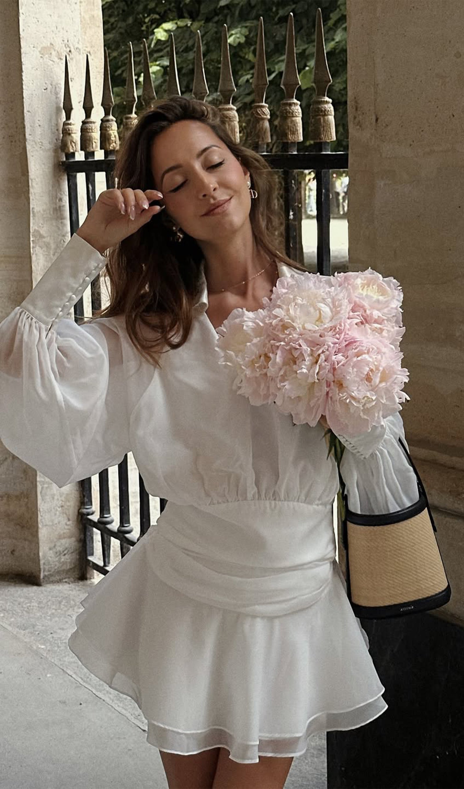 Beyaz Düz Fener Kollu Mini Elbise