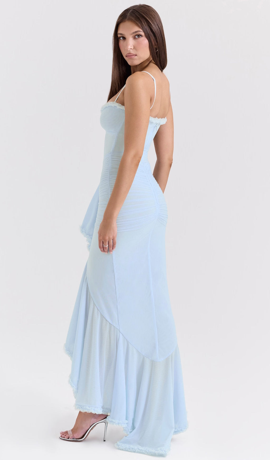 Bebek Mavisi Fileli Önden Volanlı Uzun Elbise