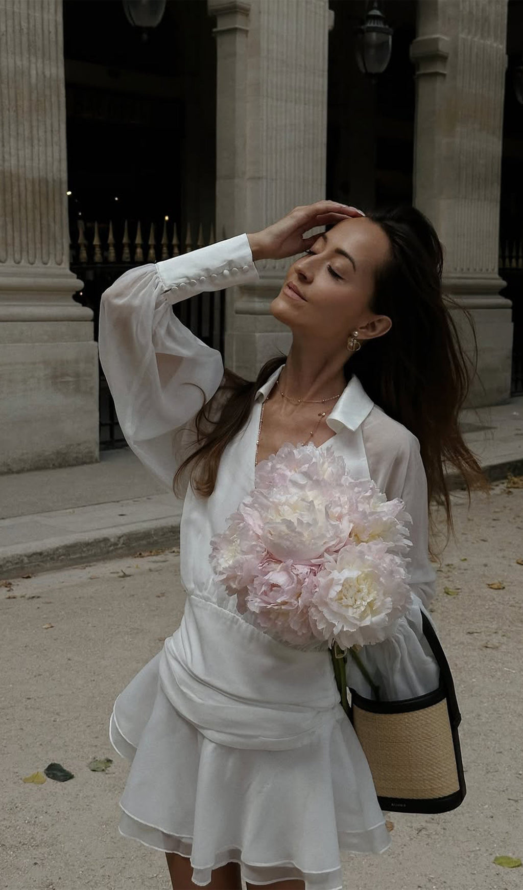 Beyaz Düz Fener Kollu Mini Elbise