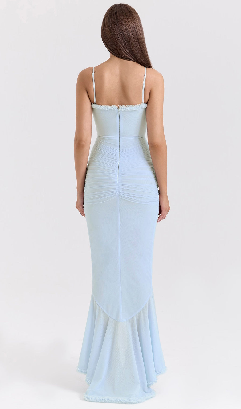 Bebek Mavisi Fileli Önden Volanlı Uzun Elbise