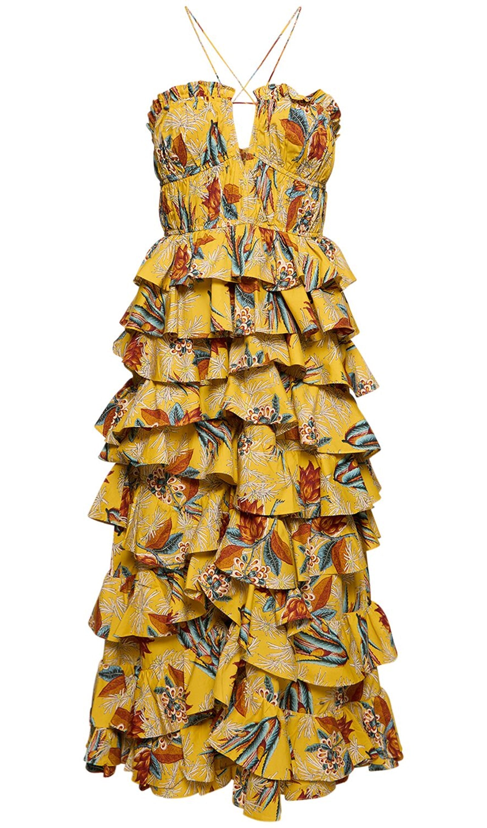 Tenley Halter Yaka Çiçekli Katmanlı Midi Elbise