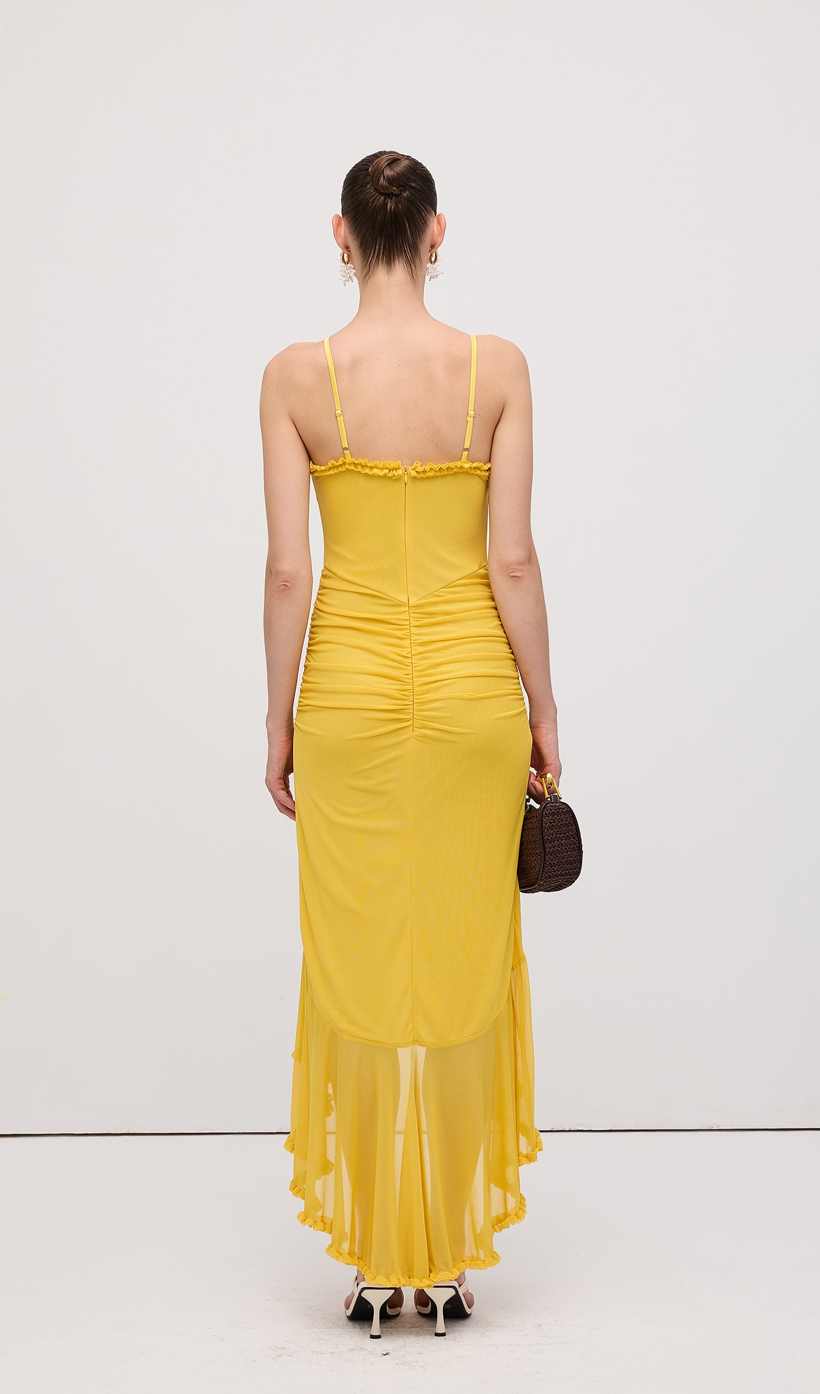 Fileli Önden Volanlı Uzun Elbise Sarı