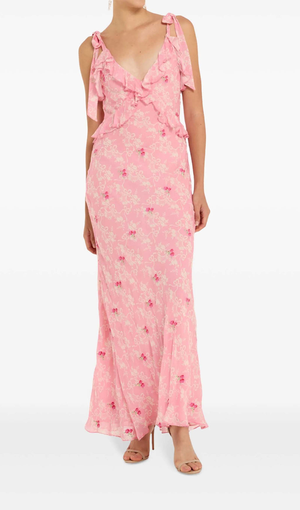 Çiçekli Volanlı File Uzun Elbise