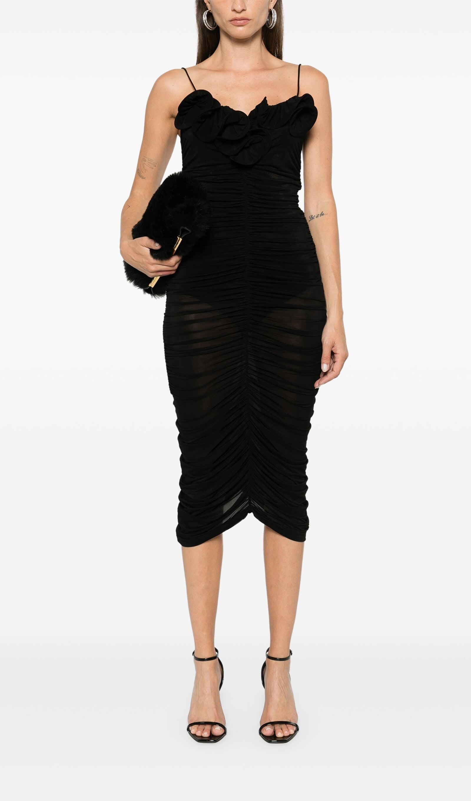 Büzgülü Gül Midi Elbise