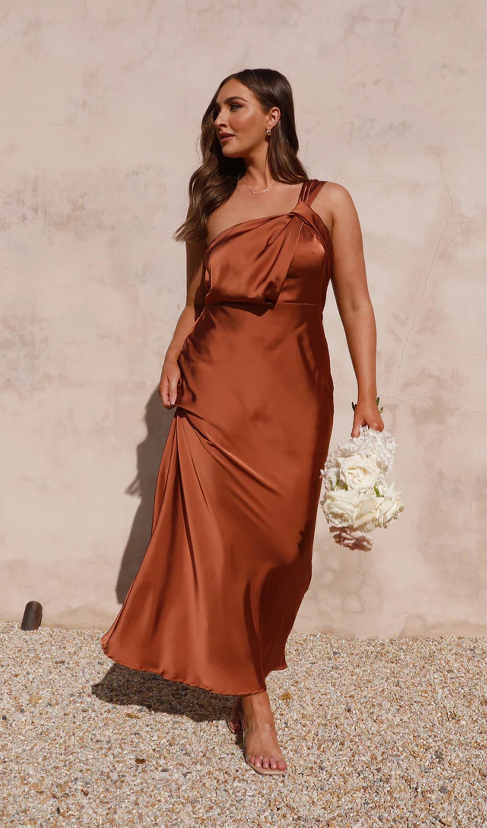 Tek Omuz Drapeli Midi Elbise