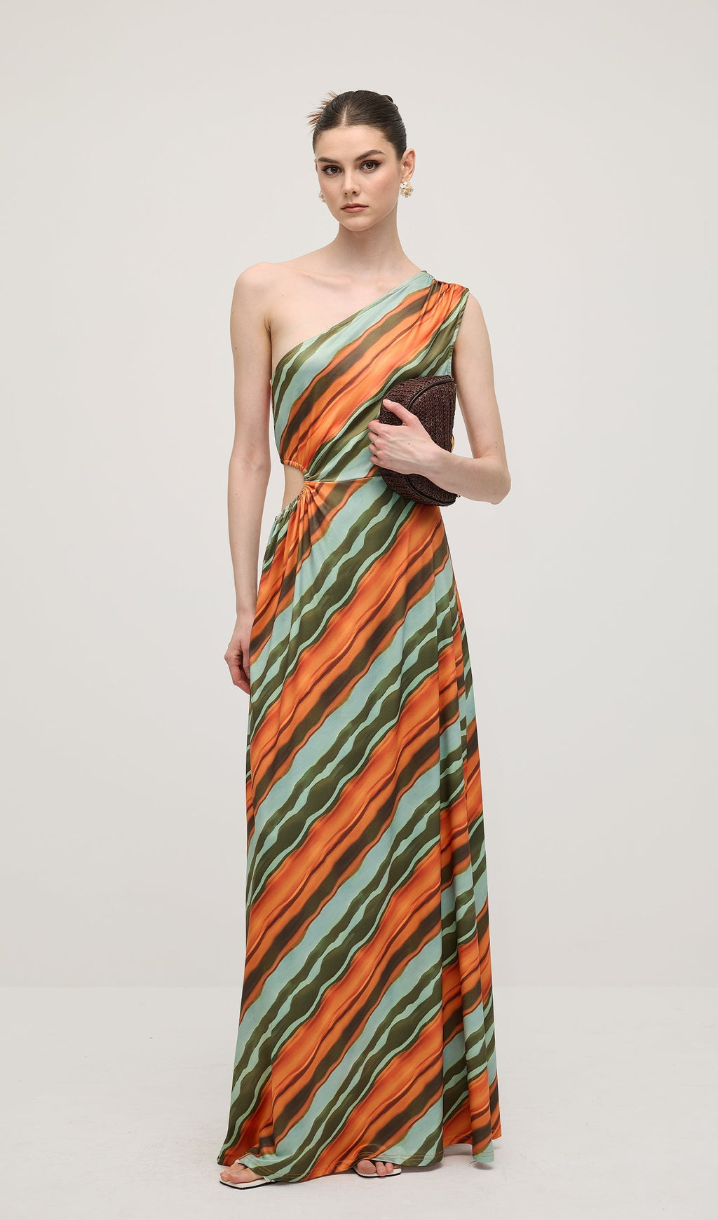 Drapeli Çizgili Saten Uzun Elbise