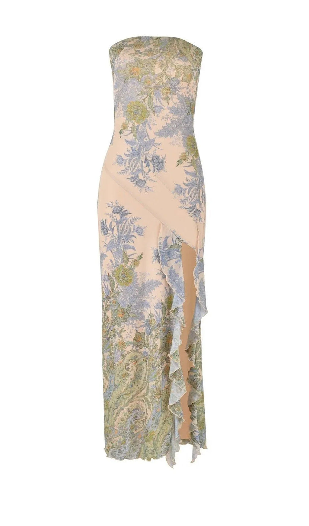 Baskılı Straplez Yırtmaçlı Midi Elbise