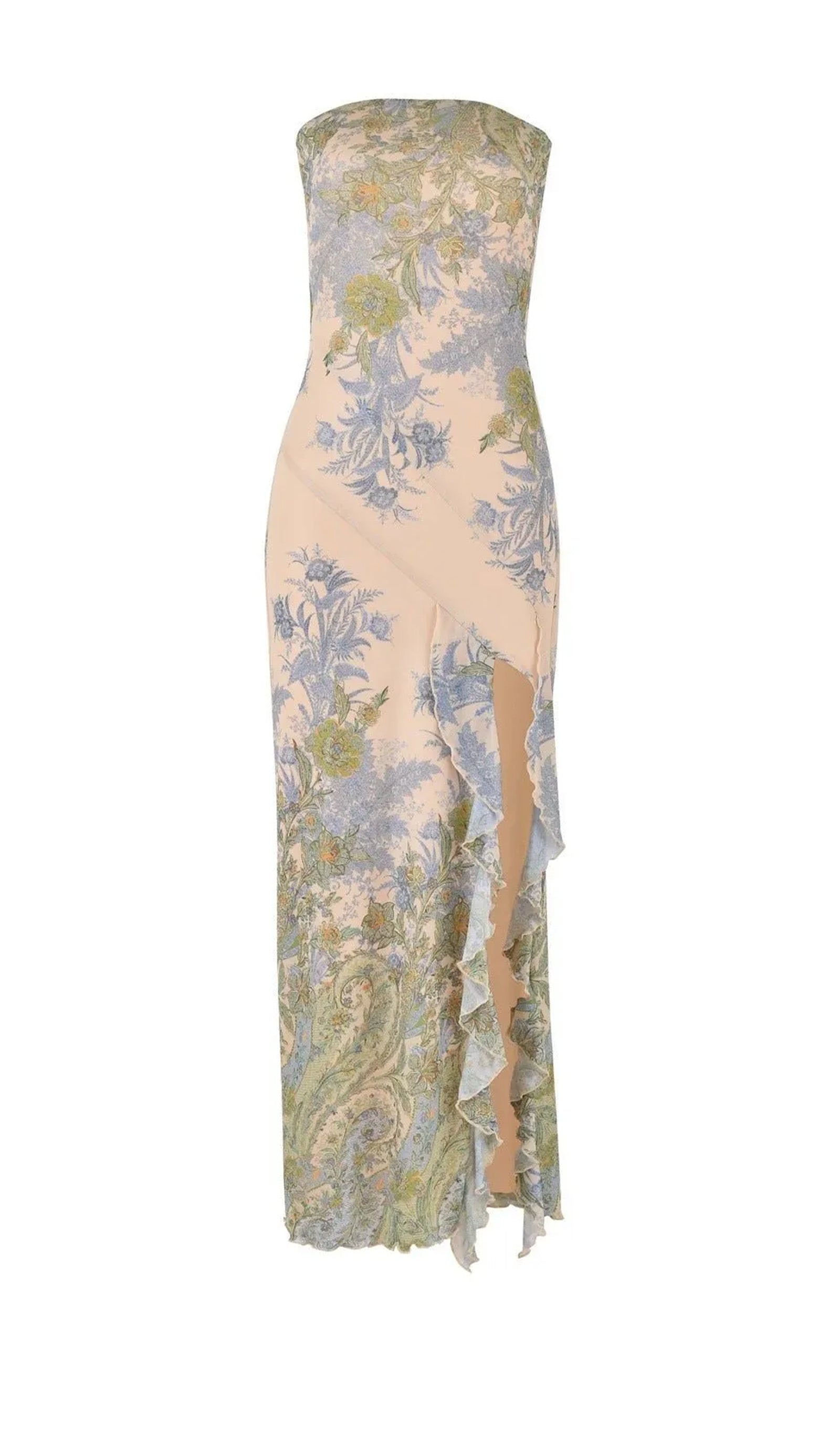 Baskılı Straplez Yırtmaçlı Midi Elbise