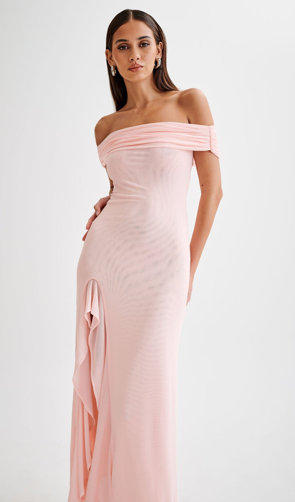 Omuz Açık File Uzun Elbise Soluk Pembe