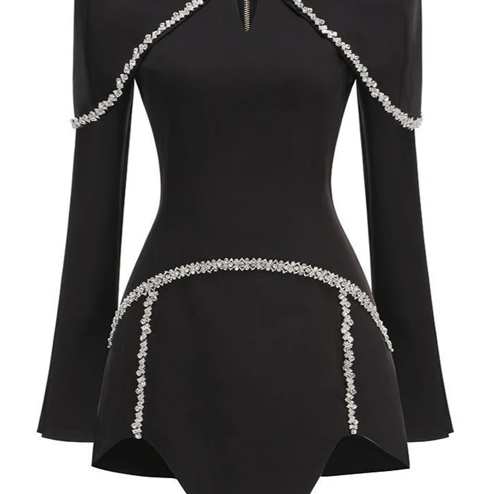 Uzun Kollu Yüksek Yaka Kristal Mini Elbise