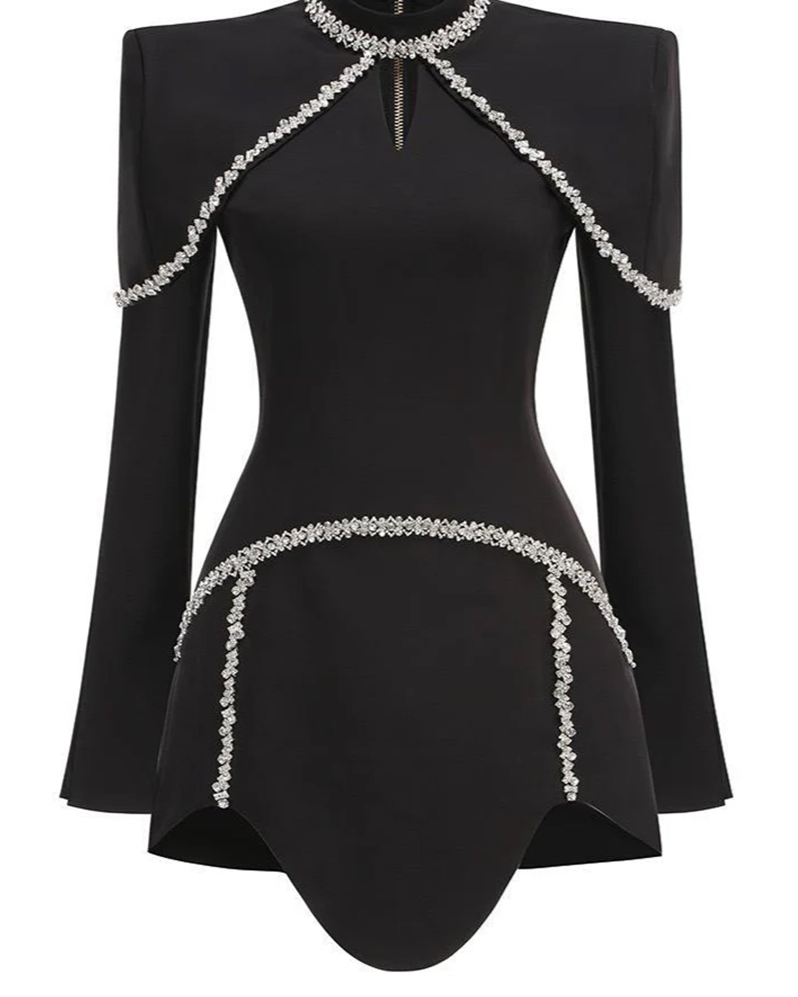 Uzun Kollu Yüksek Yaka Kristal Mini Elbise