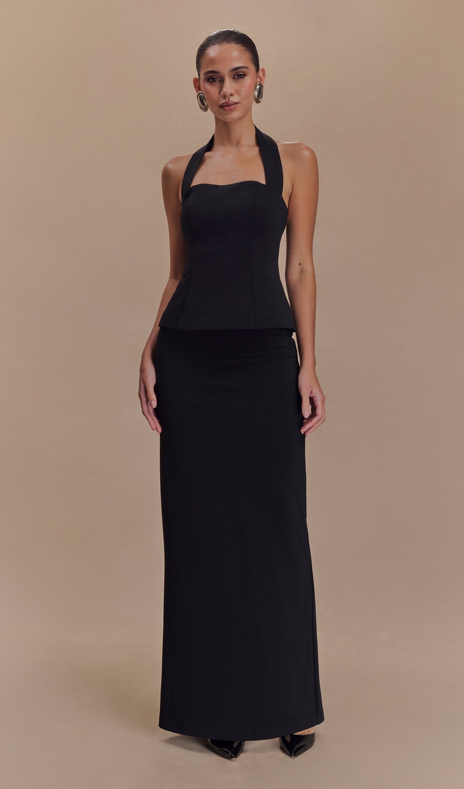 Siyah Peplum Halter Uzun Elbise