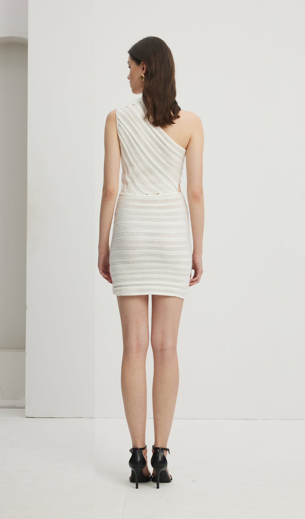 Ladder Hollow Örgü Mini Elbise-Beyaz