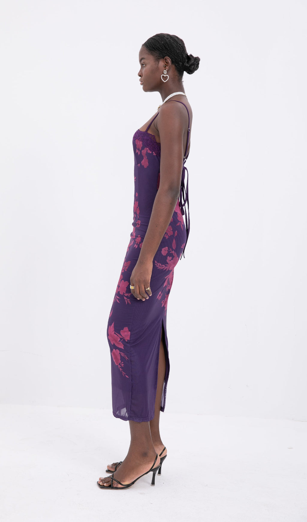 Moda Bağcıklı Dantel Çiçekli File Midi Elbise