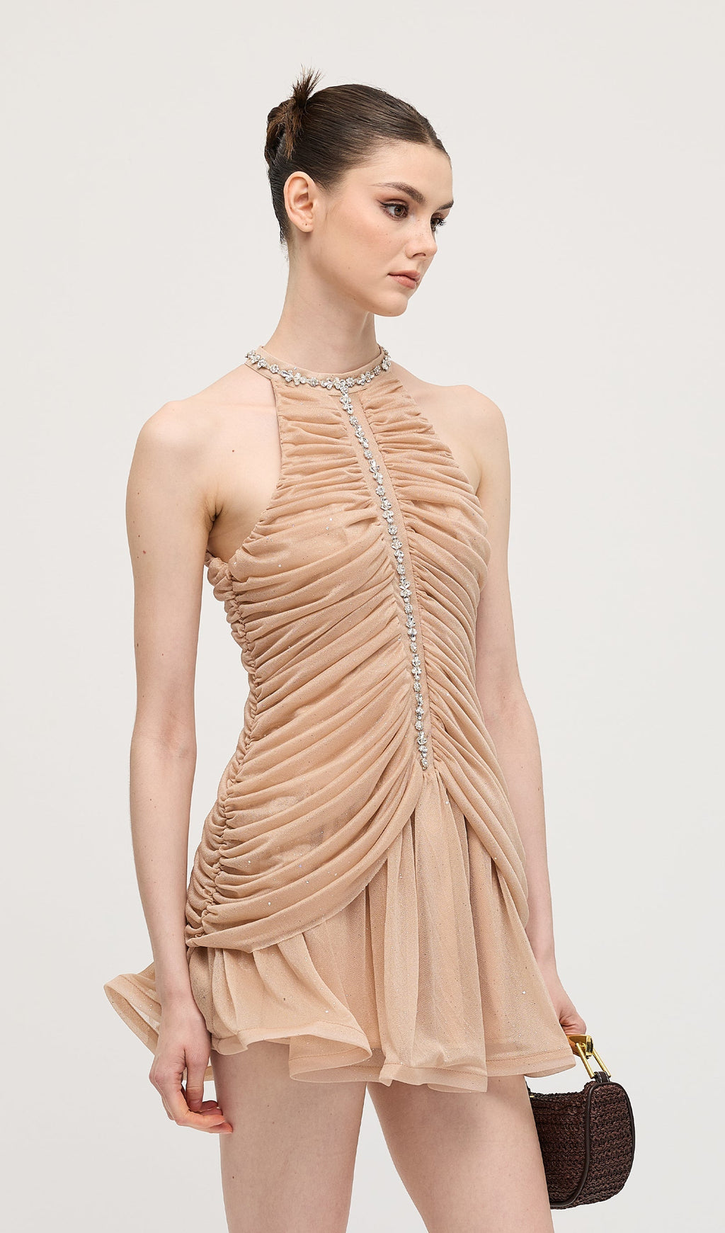 Kayısı Rengi Süslemeli Büzgülü Mini Elbise