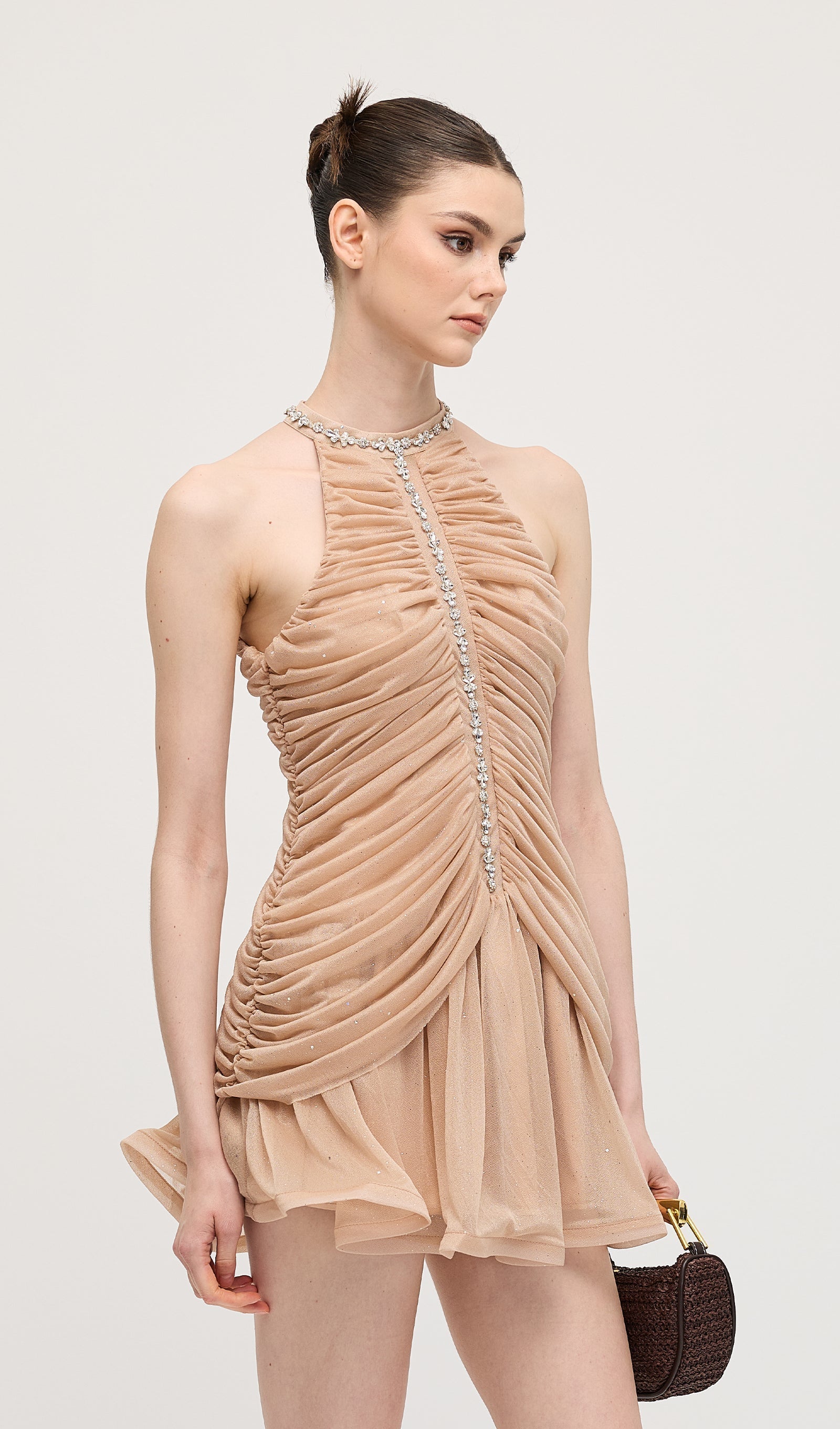 Kayısı Rengi Süslemeli Büzgülü Mini Elbise