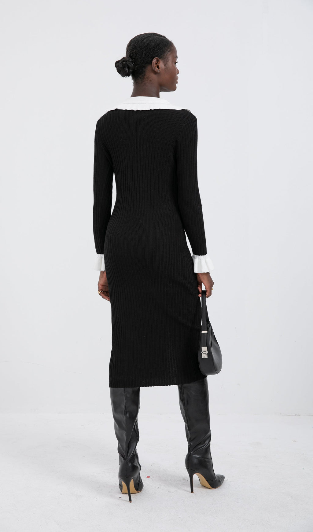 Trendy Jersey Volan Yaka Midi Elbise - Siyah