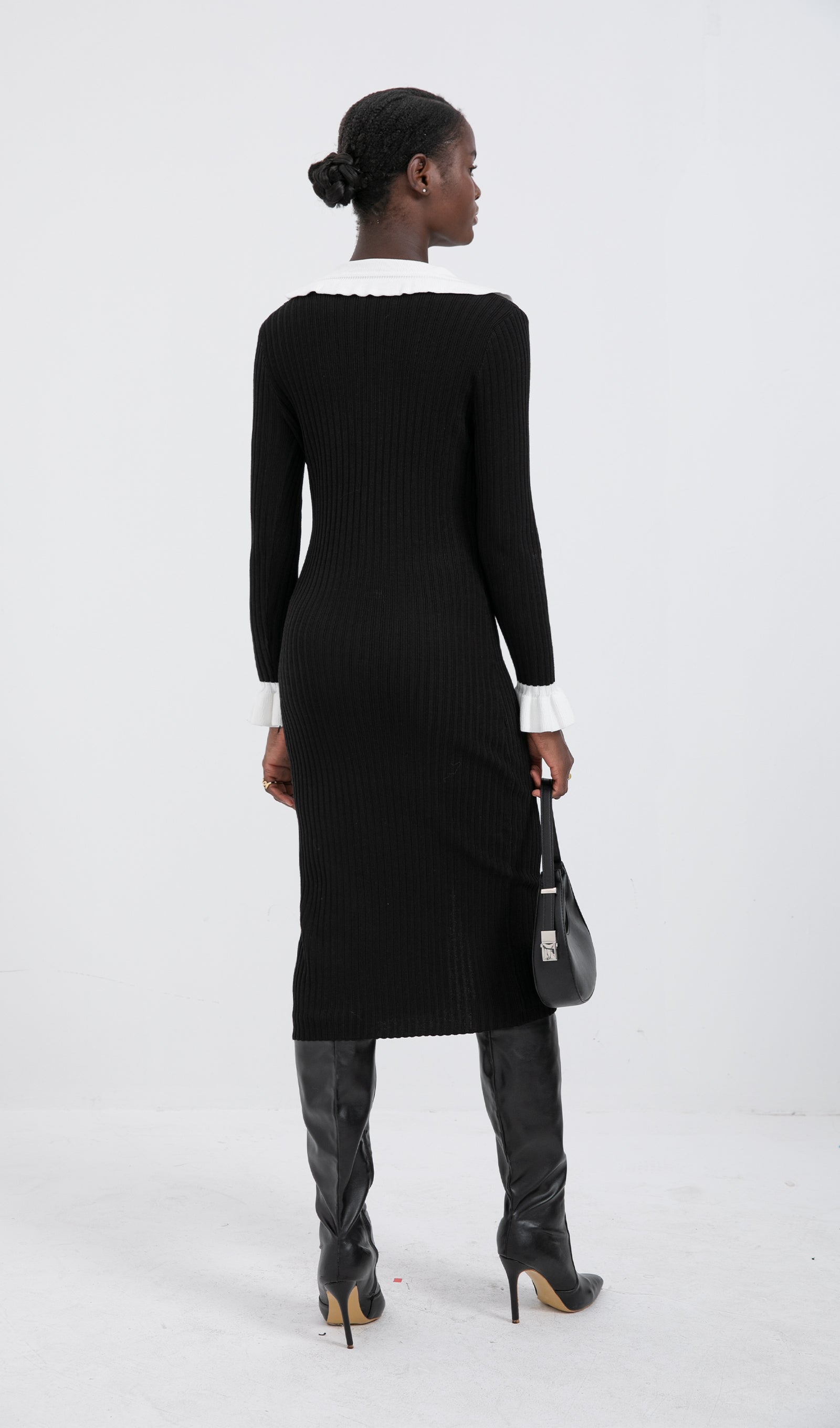 Trendy Jersey Volan Yaka Midi Elbise - Siyah