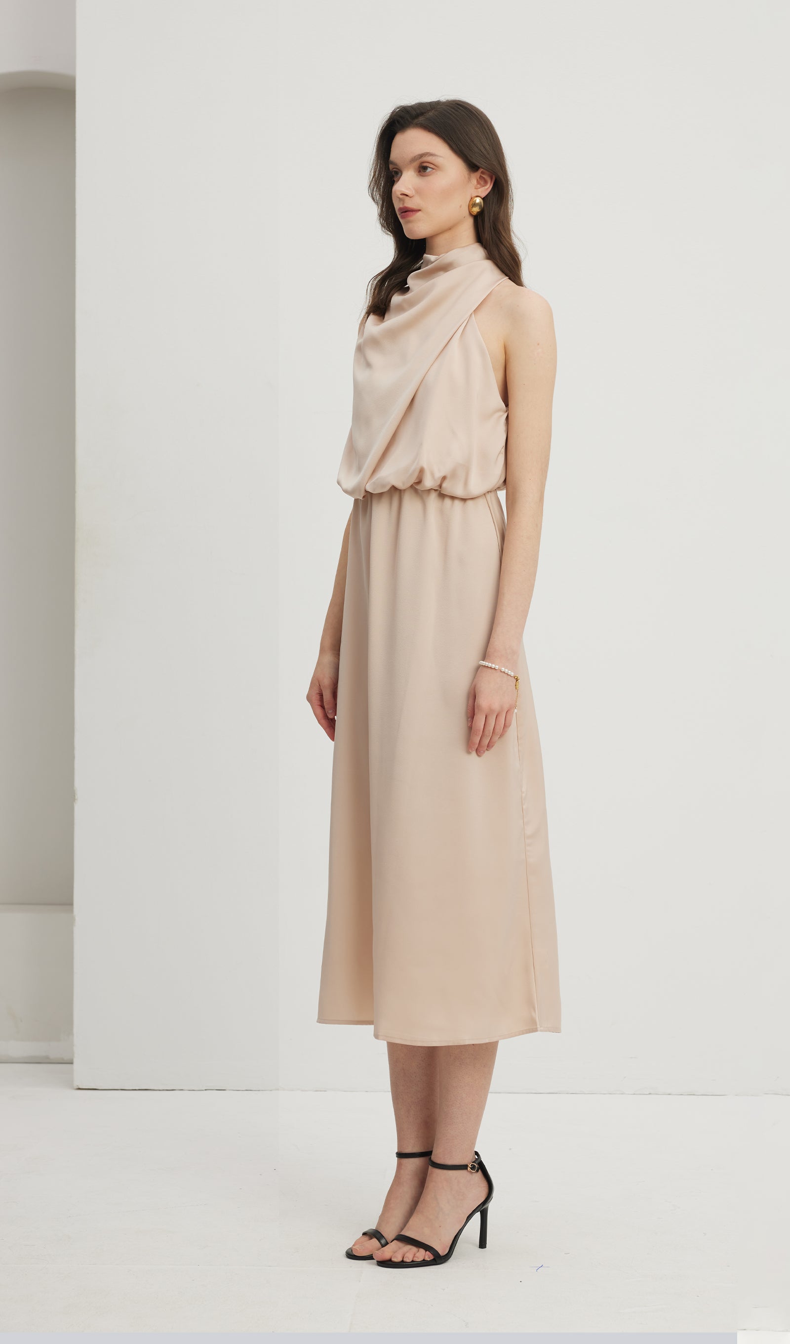 Asimetrik Saten Midi Elbise