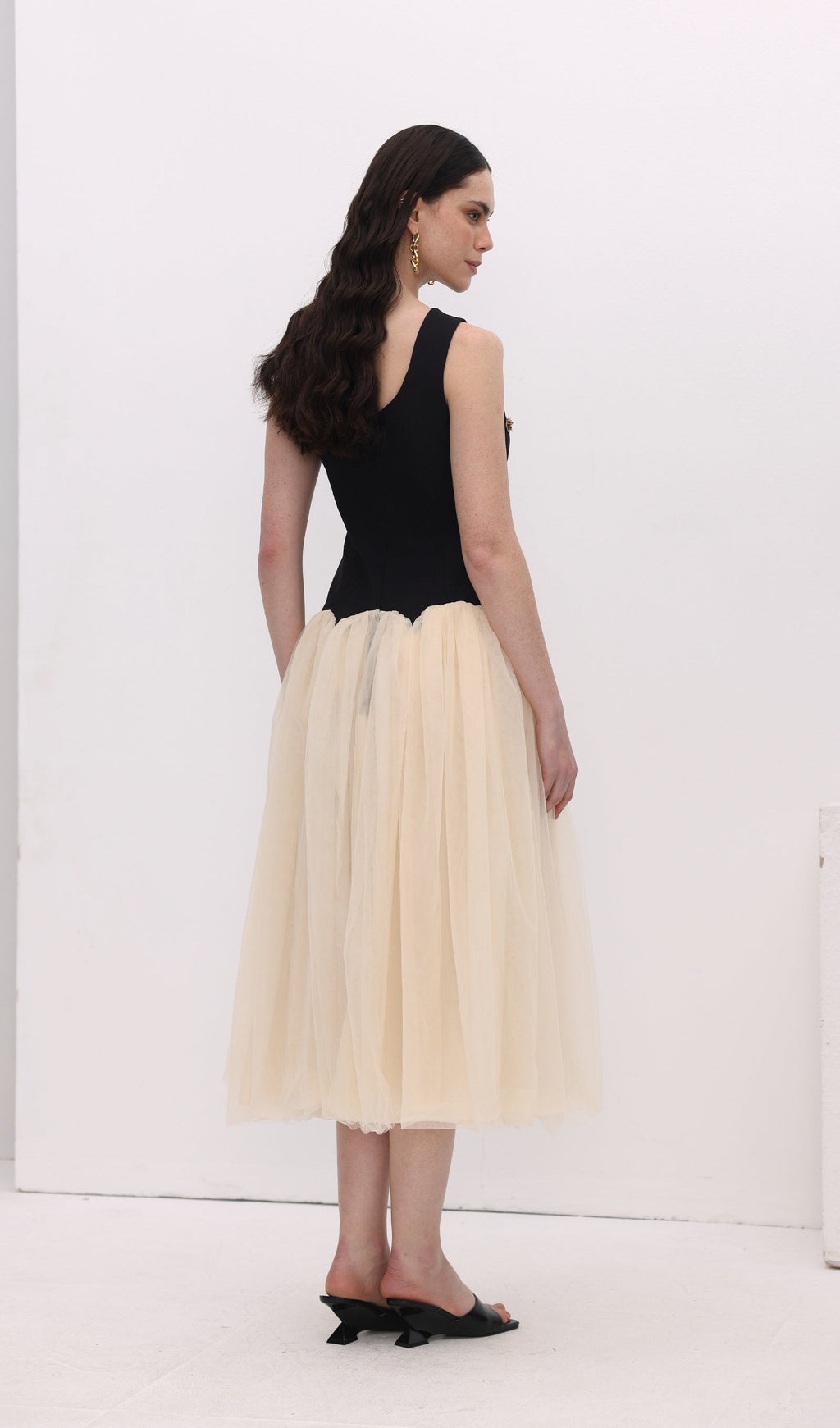 Vintage Kontrast Tül Midi Elbise