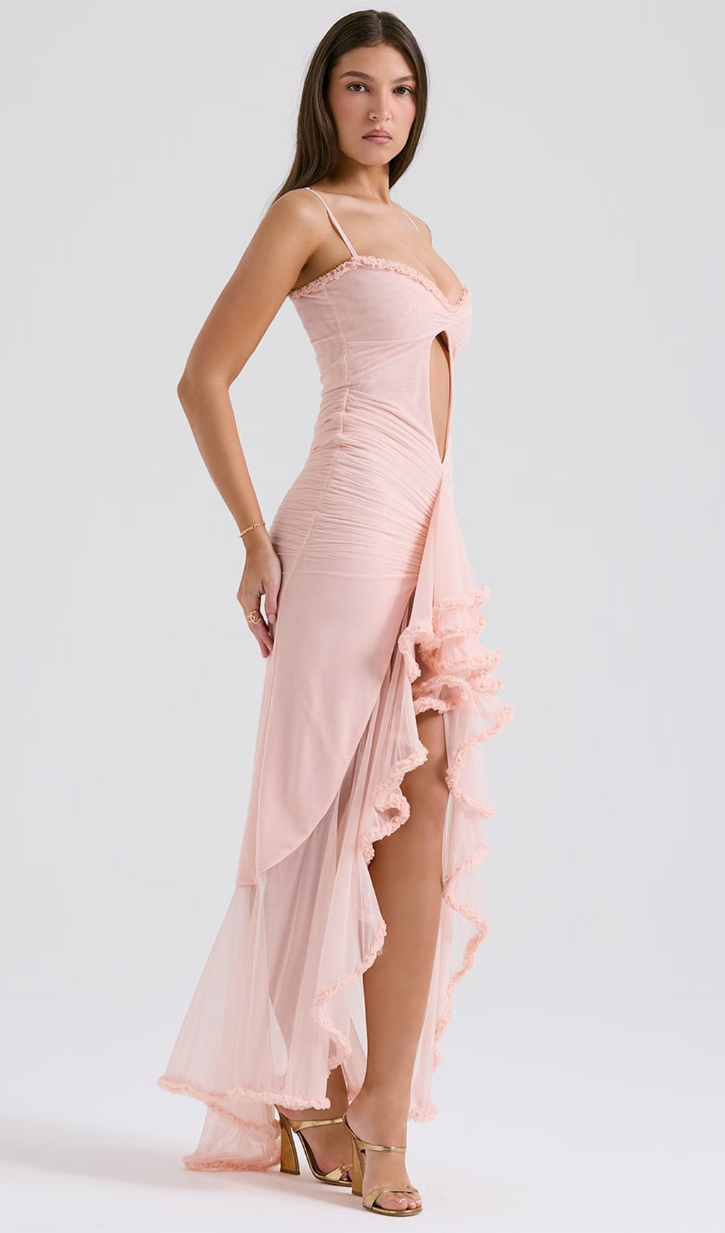 Önü Volanlı Uzun Elbise - Pembe