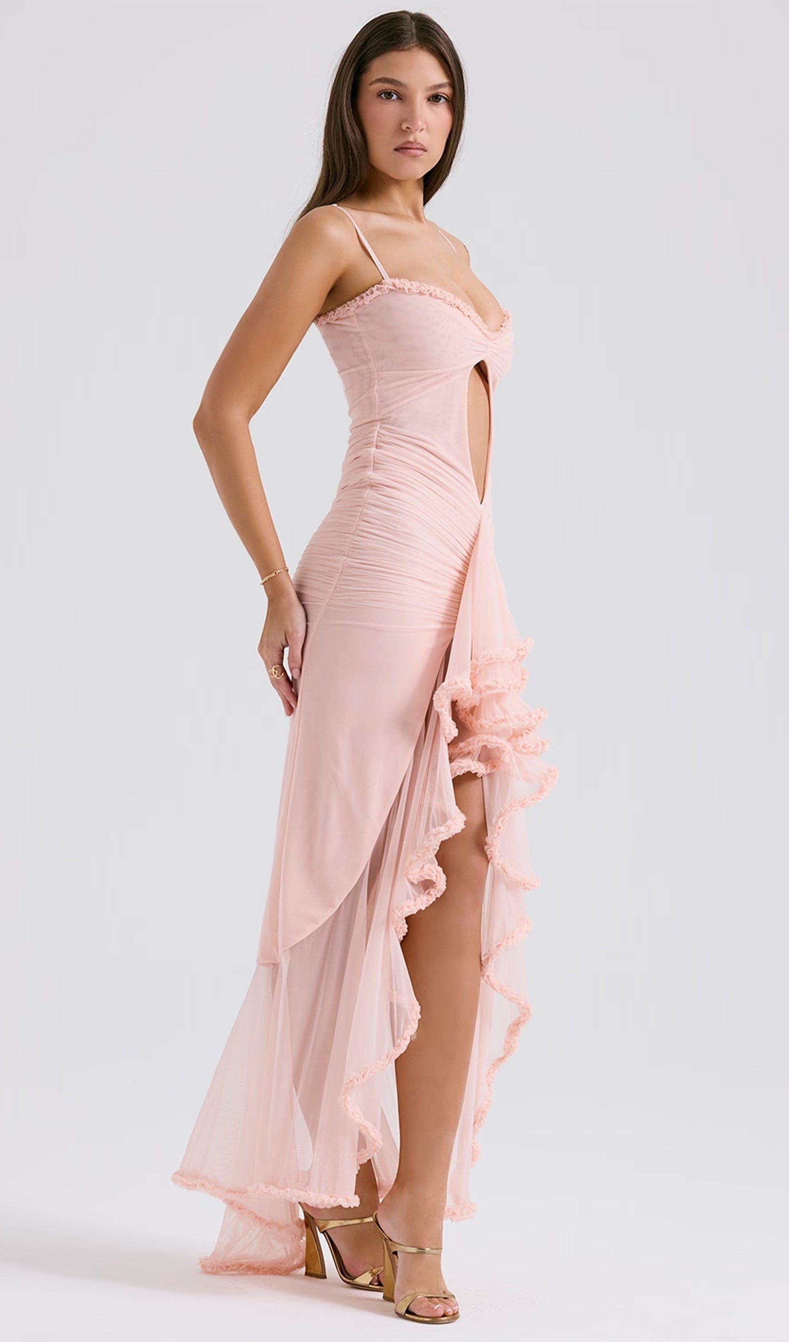 Önü Volanlı Uzun Elbise - Pembe