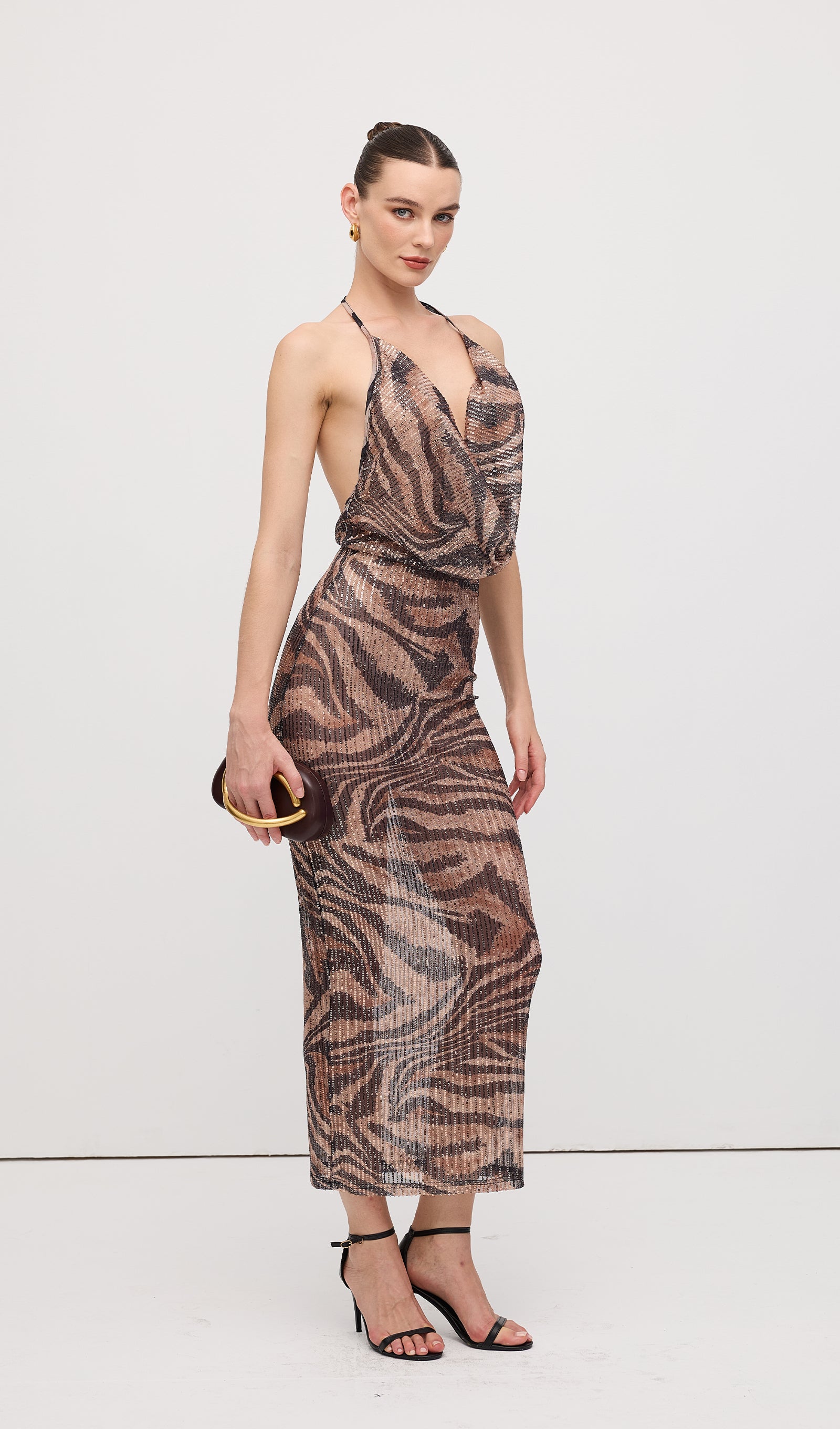 Halter Taşlı Uzun Elbise