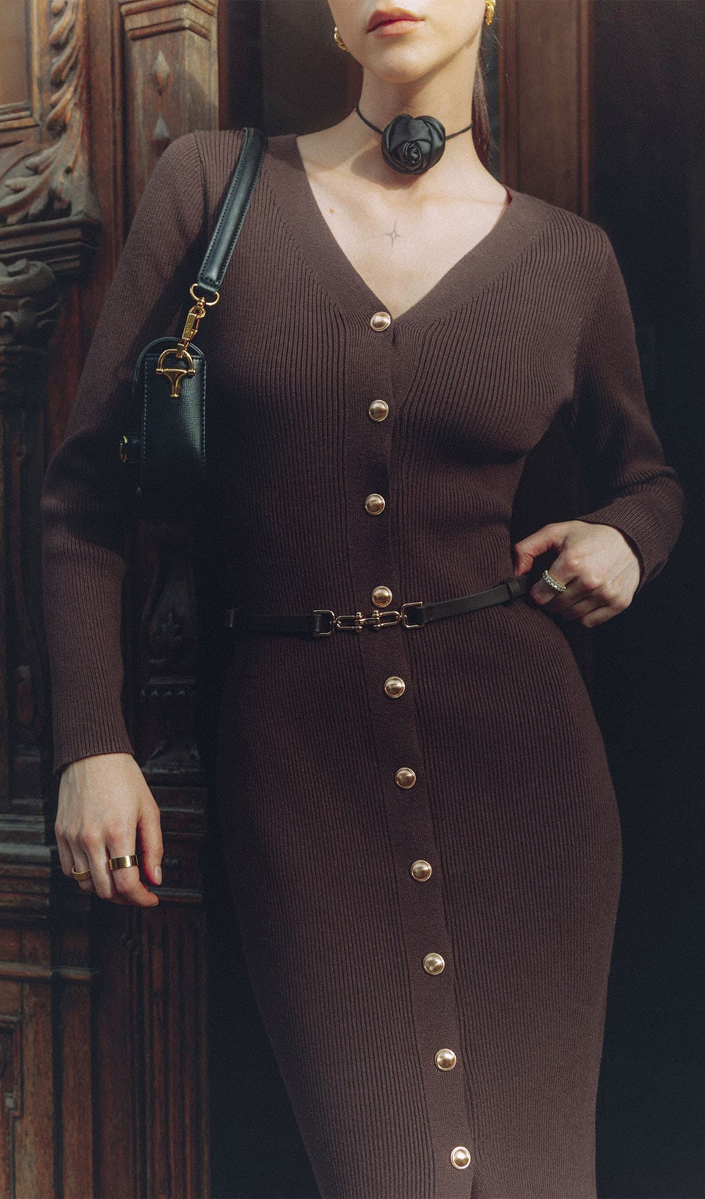 Örme V Yaka Midi Elbise