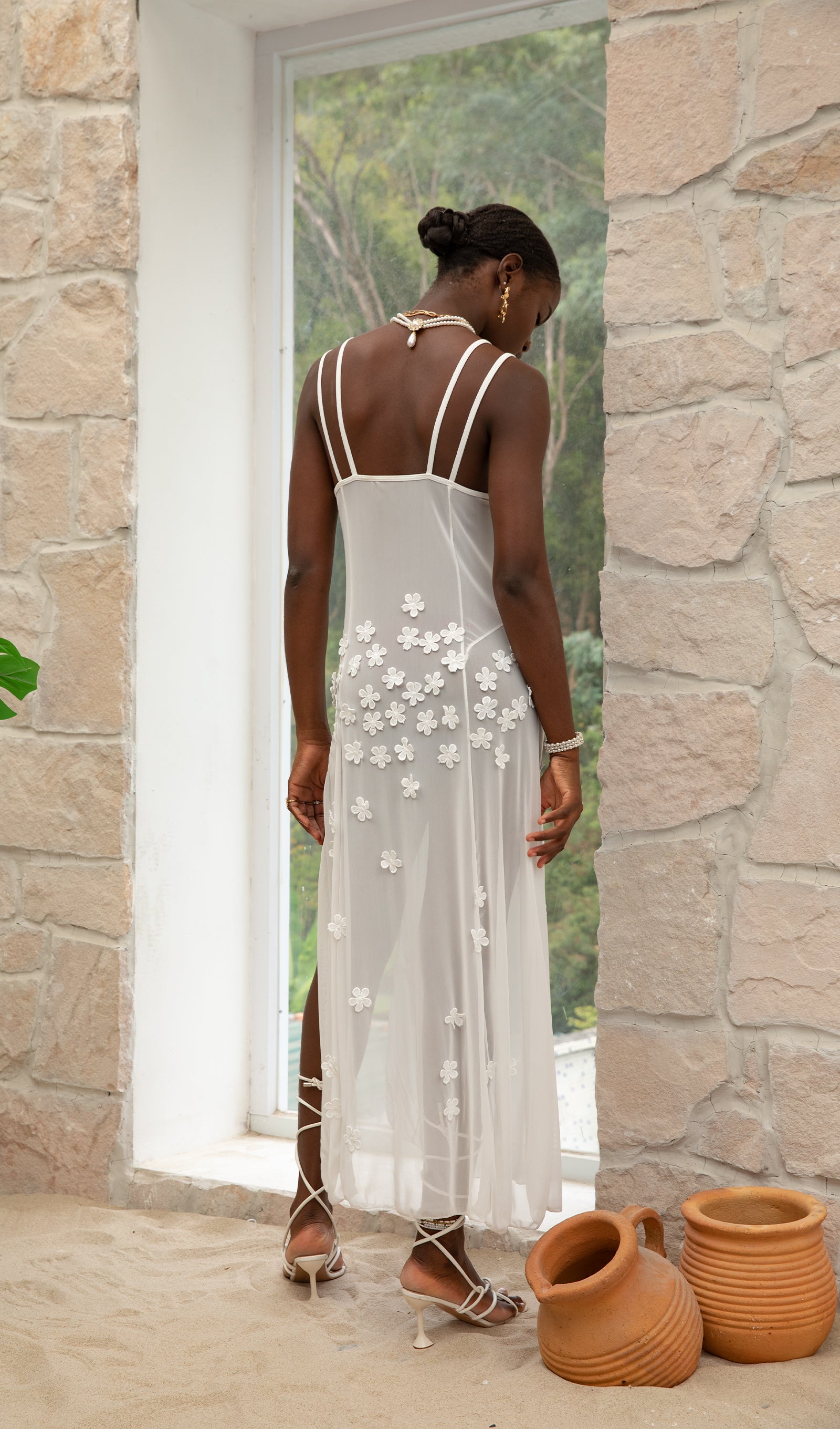 Trendy Beyaz Çiçekli File Uzun Elbise