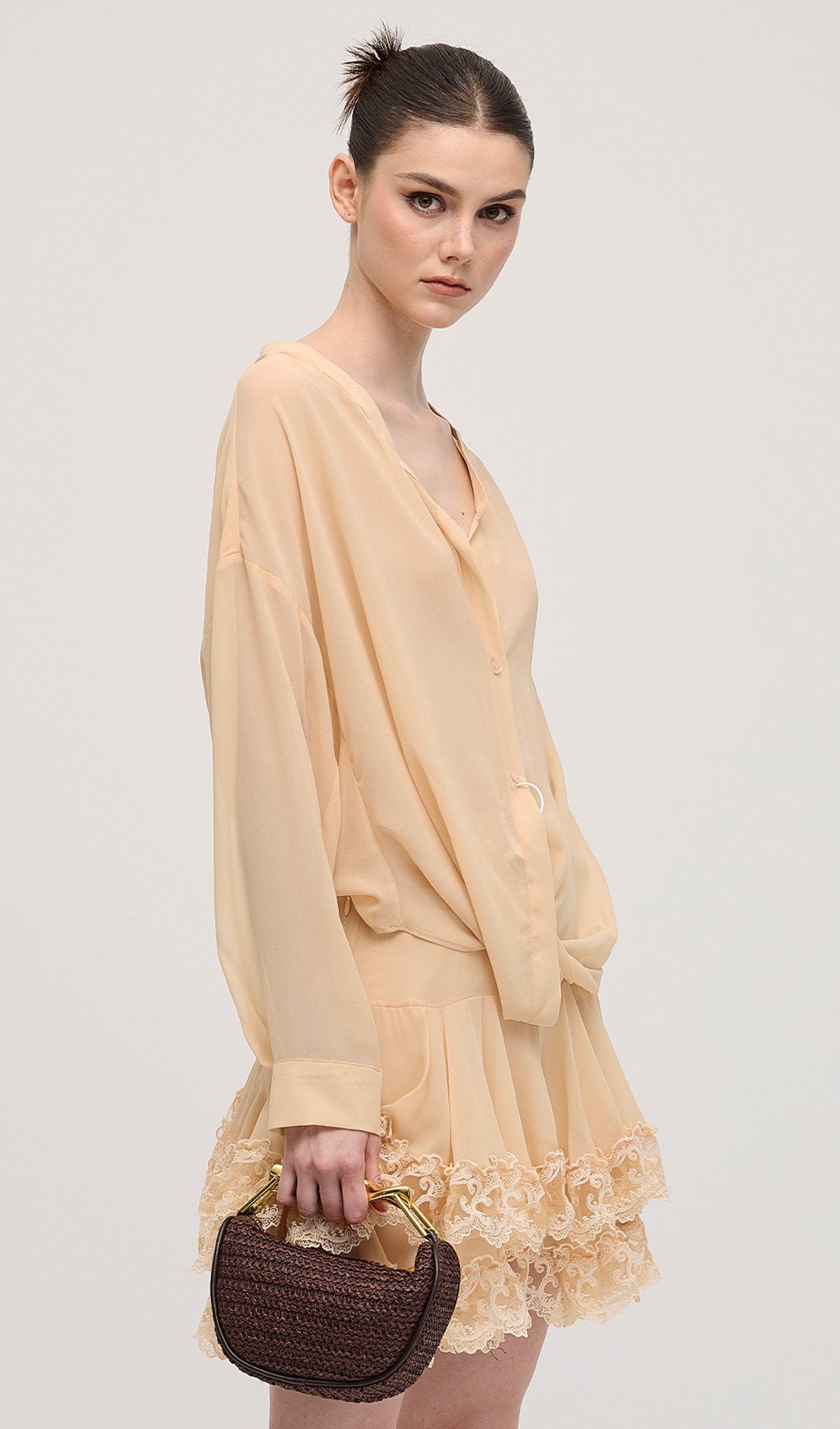 Uzun Kollu Katlı Mini Elbise