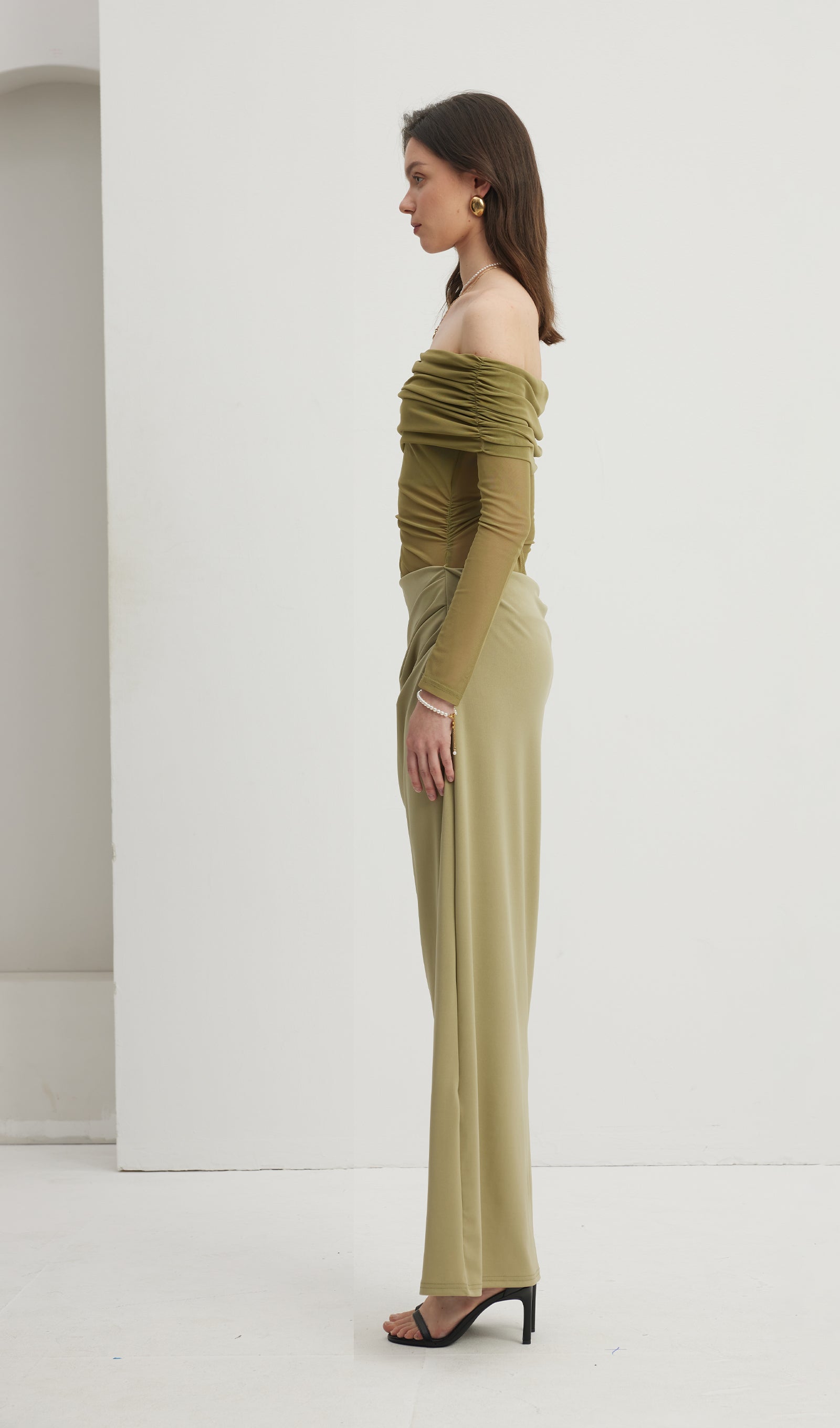 Omuz Açık Şeffaf Uzun File Yeşil