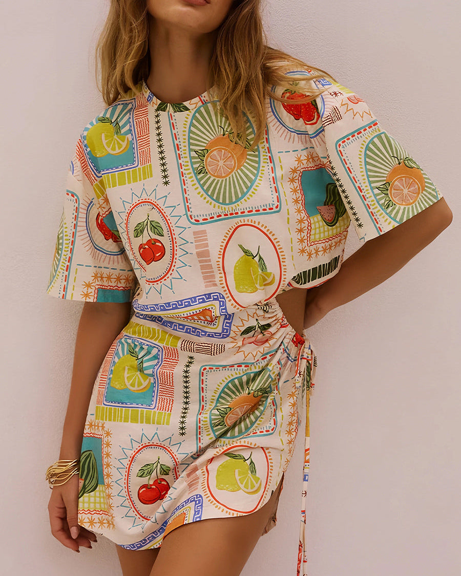 Meyve Baskılı Kısa Kollu Kesik Mini Elbise