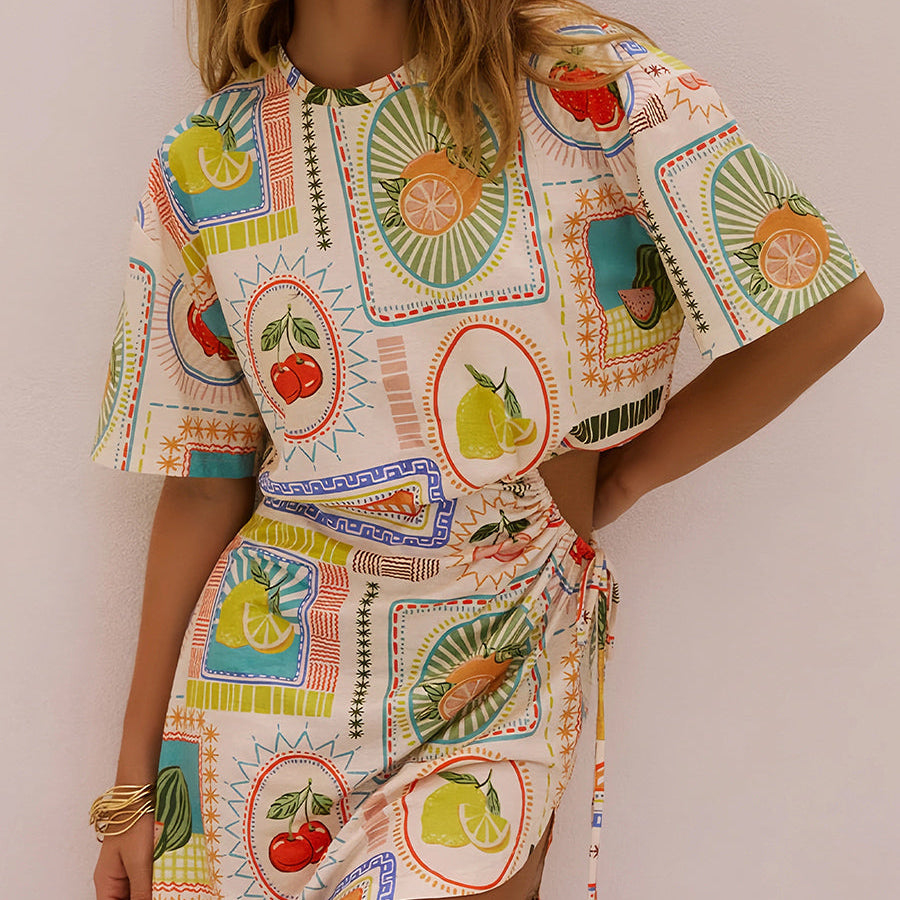 Meyve Baskılı Kısa Kollu Kesik Mini Elbise