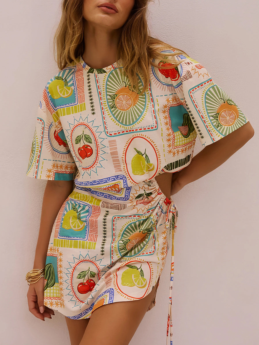 Meyve Baskılı Kısa Kollu Kesik Mini Elbise
