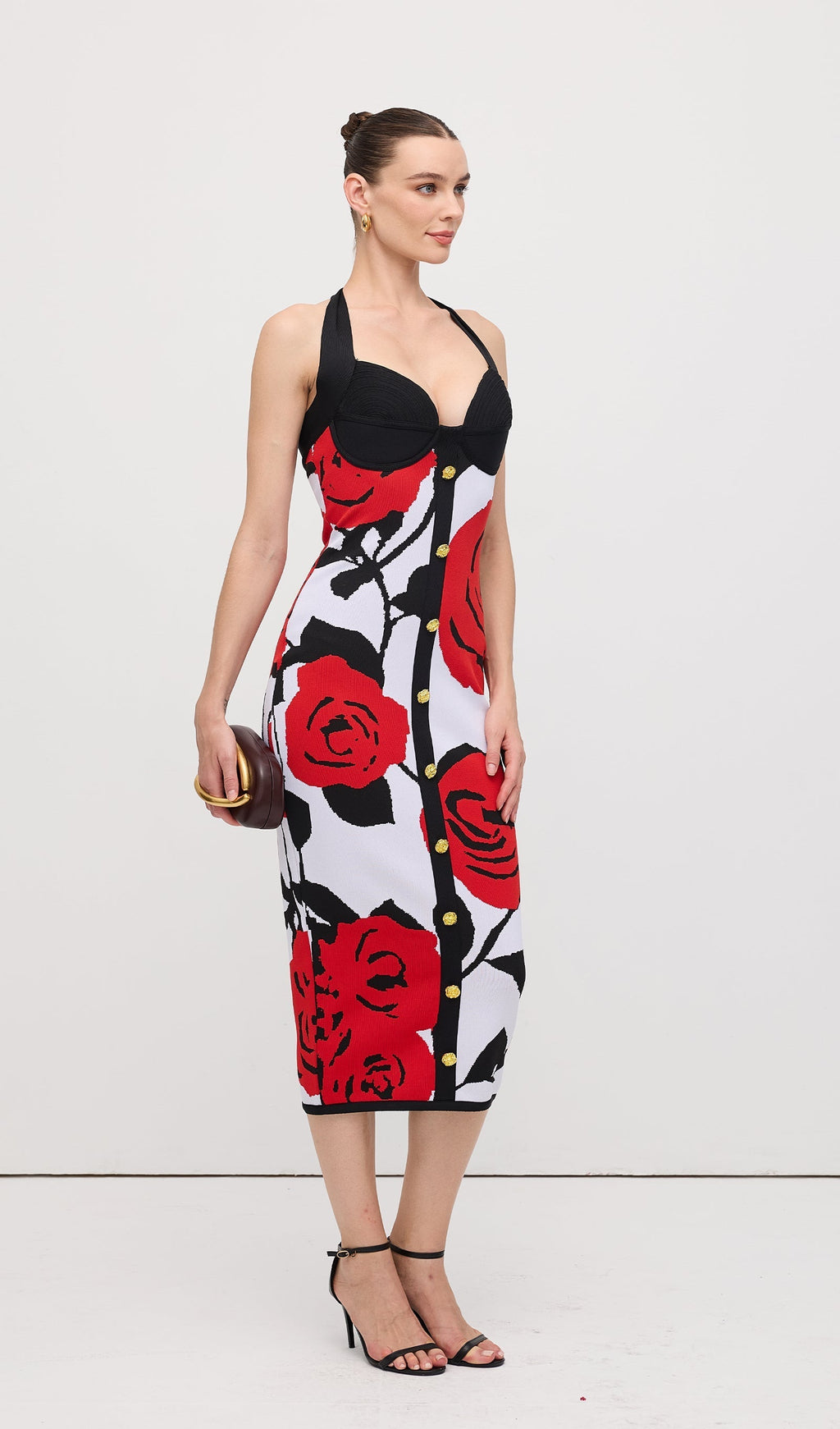 Çiçekli Jakarlı Örgü Midi Elbise