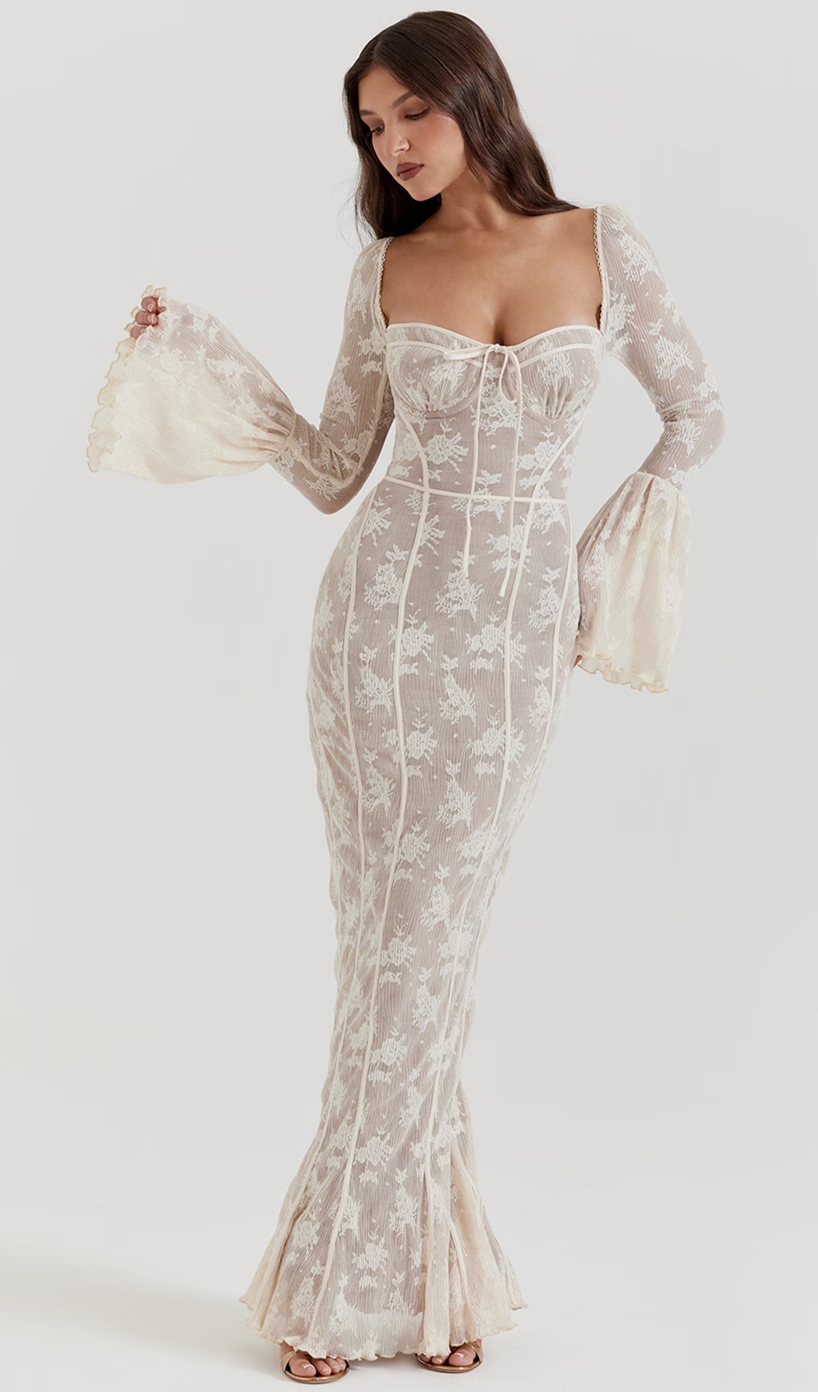 Vintage Krem Dantel Uzun Elbise