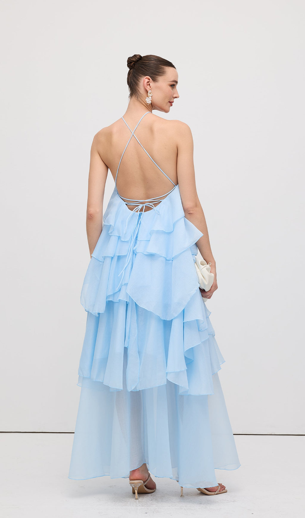 Askılı Katmanlı Uzun Elbise Mavi