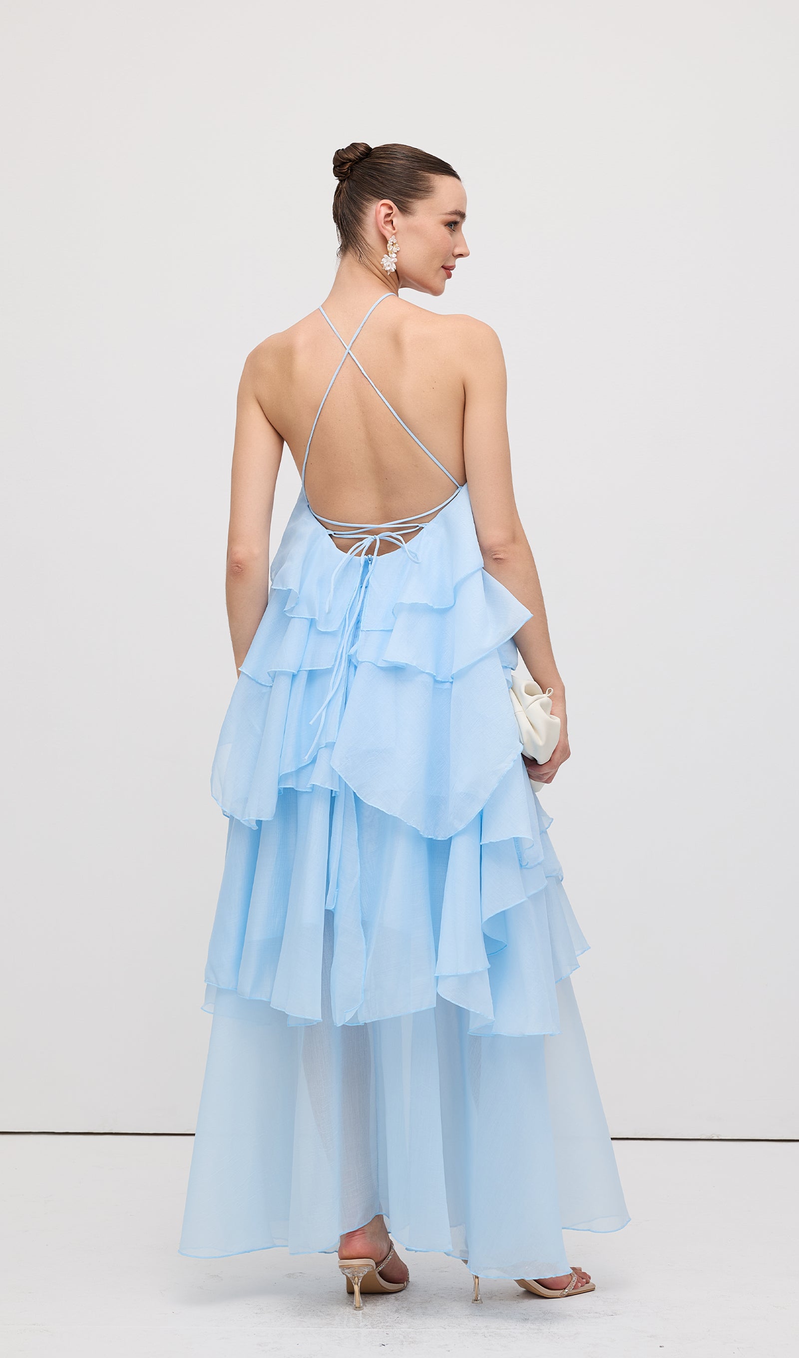 Askılı Katmanlı Uzun Elbise Mavi