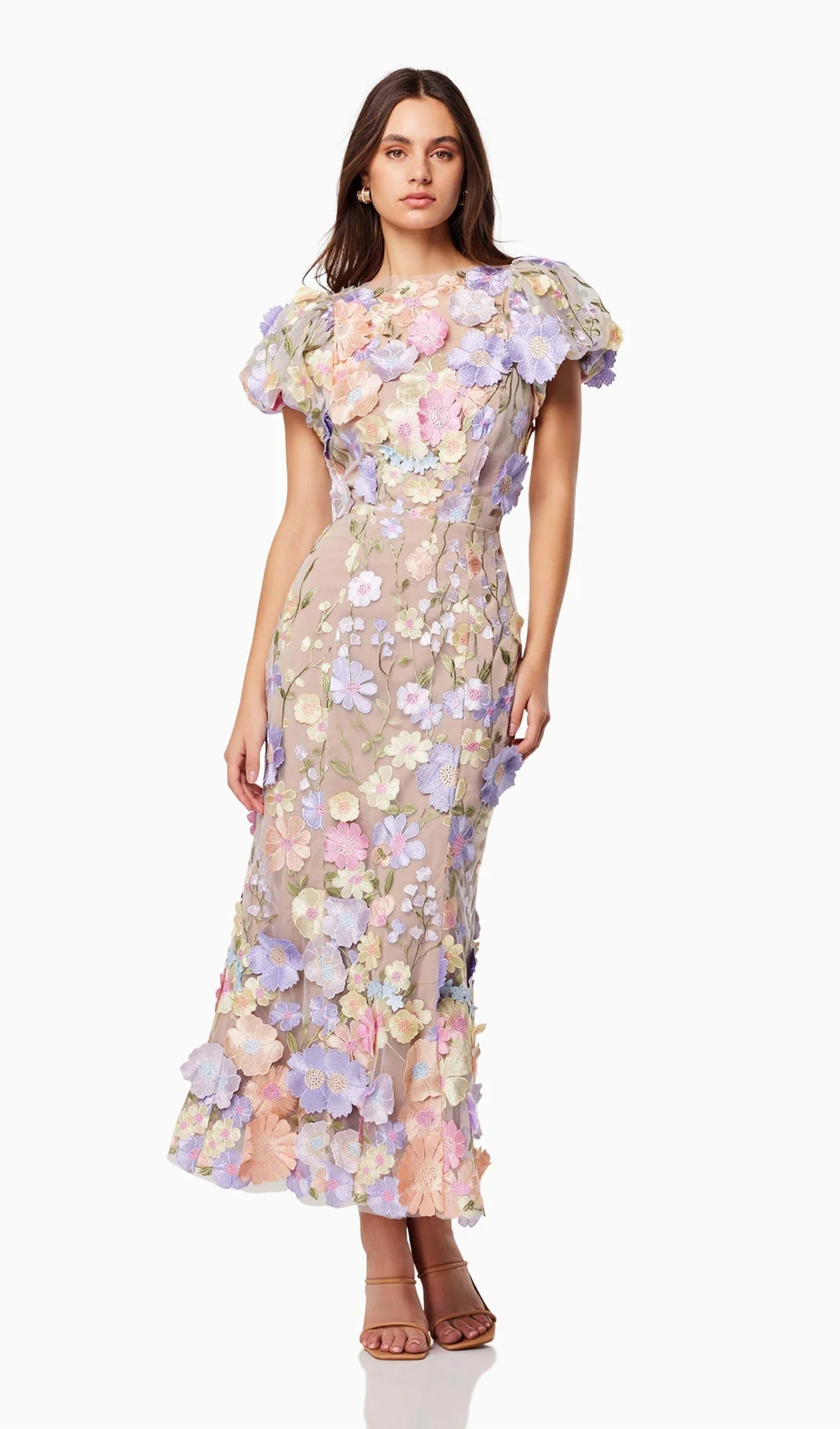 Mor Renkli Çiçekli 3D Dantel Midi Elbise