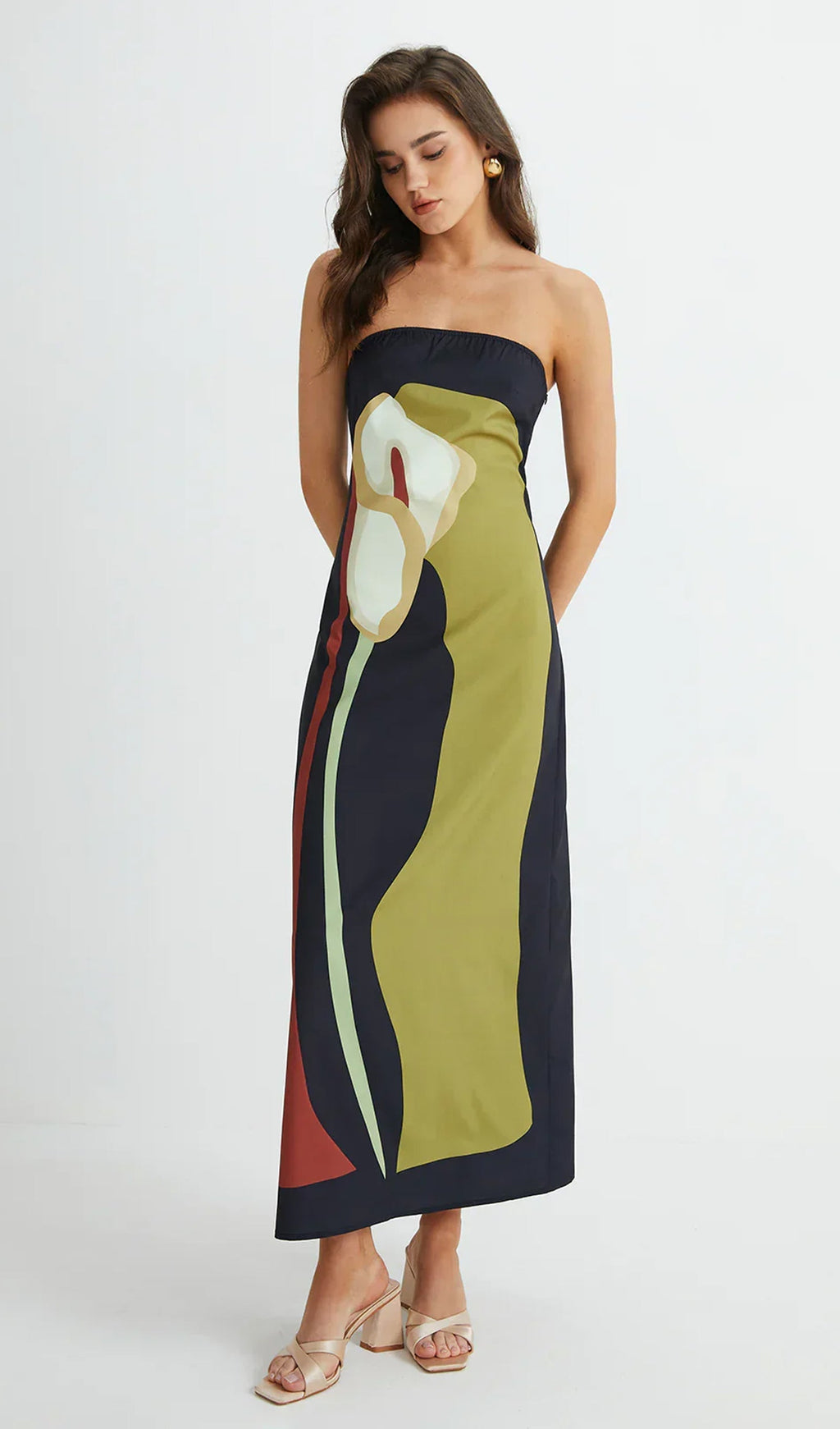 Omuz Açık Baskılı Yeşil Yaz Midi Elbise