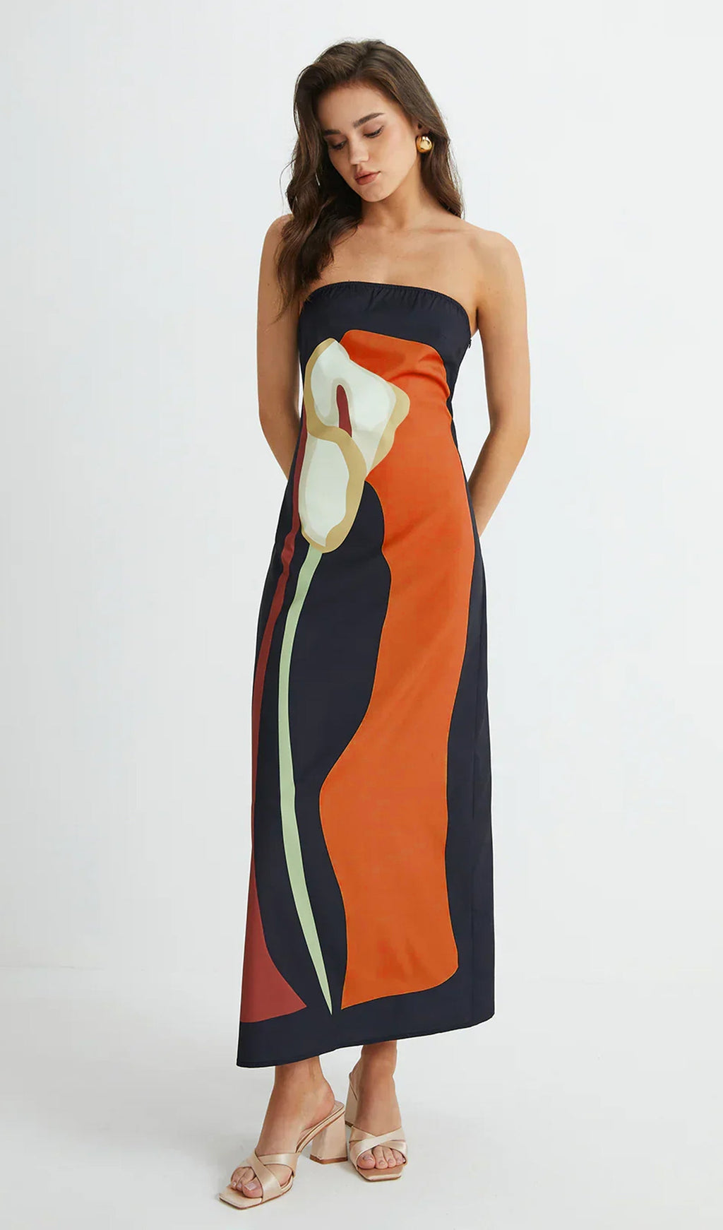 Turuncu Omuz Açık Baskılı Yazlık Midi Elbise