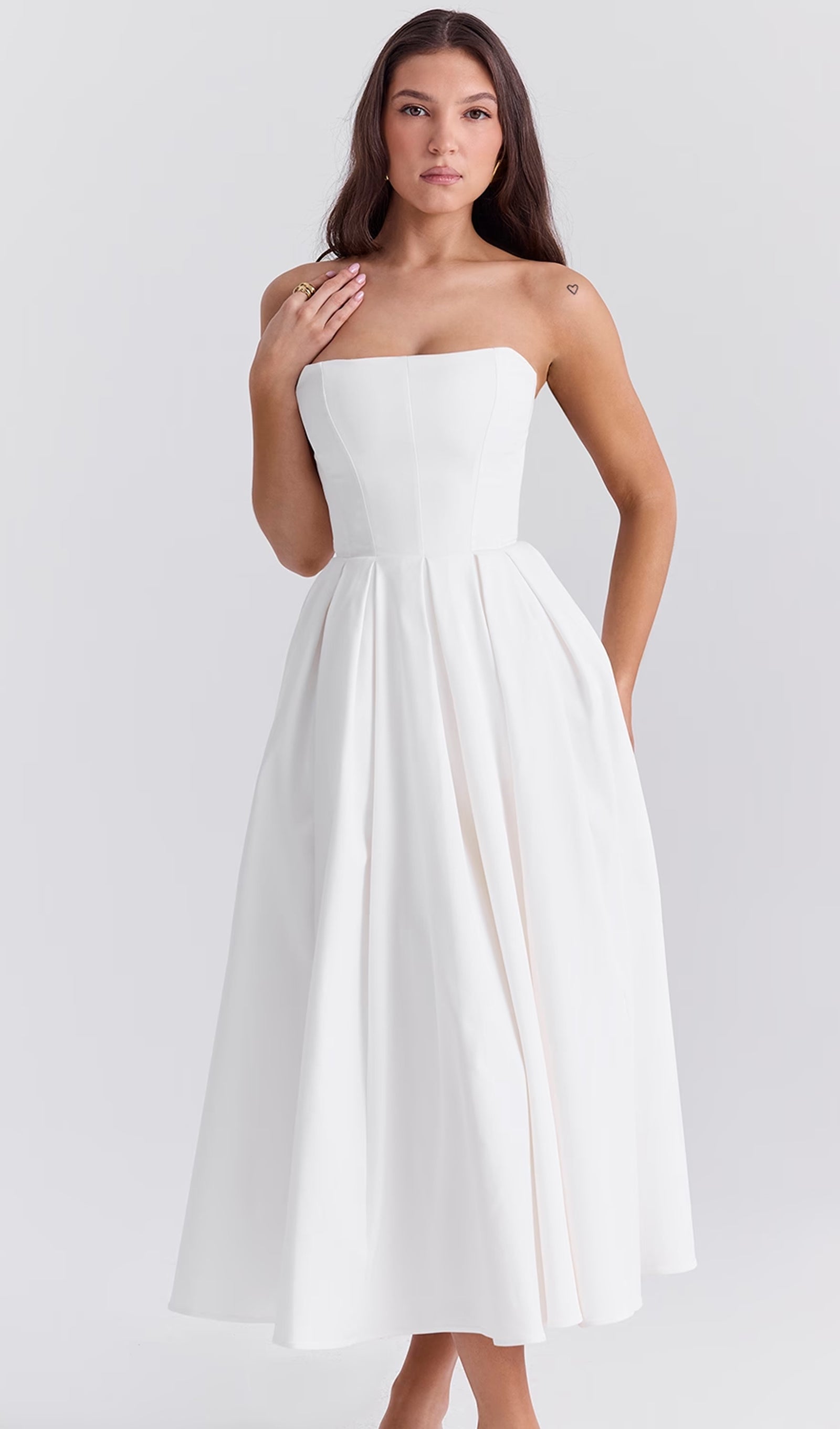 Askısız Korseli Midi Elbise Beyaz