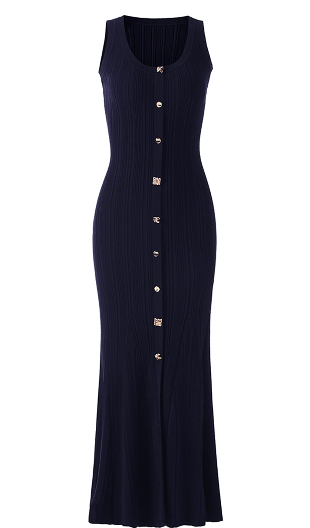 Metalik Düğmeli Örme Midi Elbise