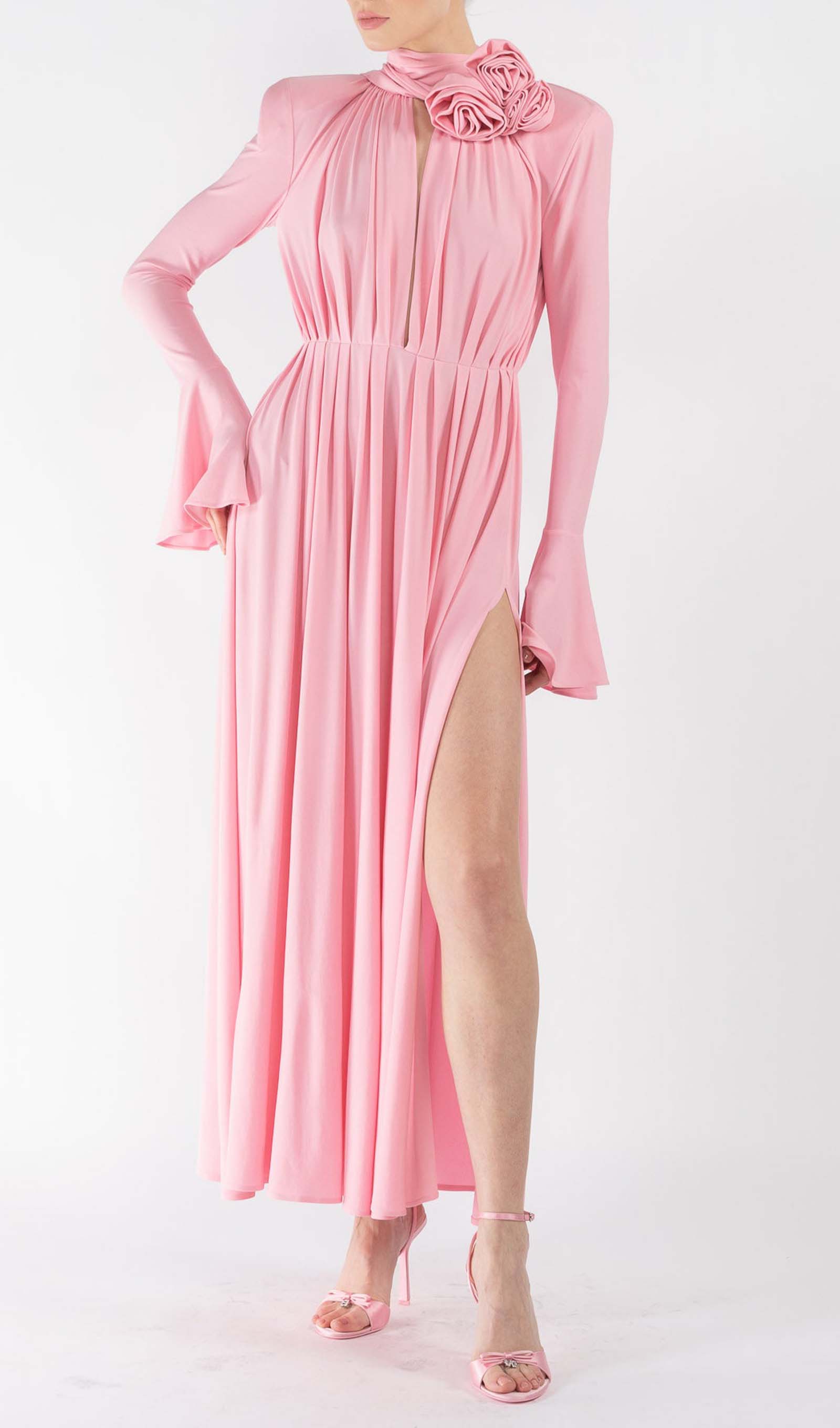 Çiçekli V Yaka Pileli Yırtmaçlı Uzun Elbise - Pembe