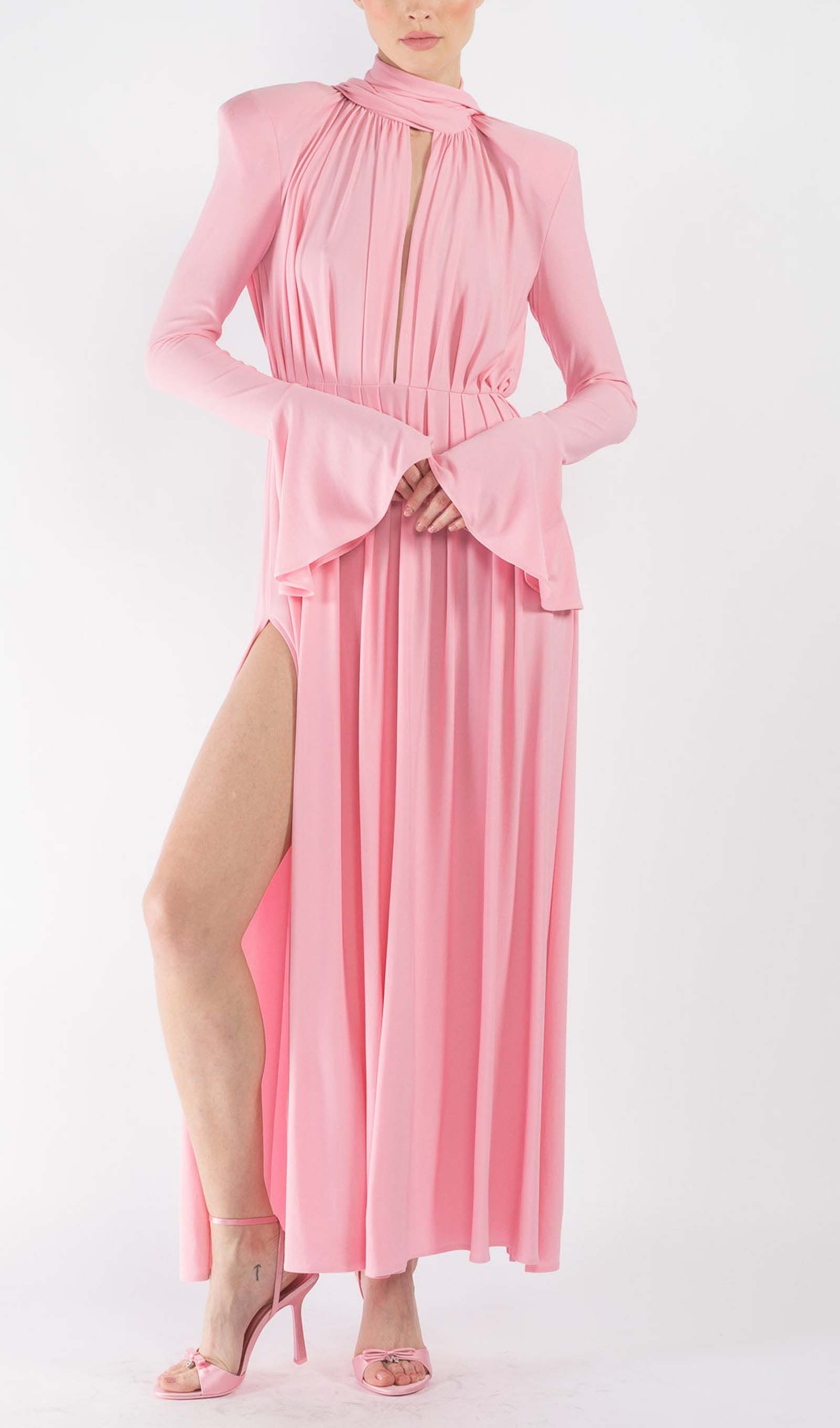 Çiçekli V Yaka Pileli Yırtmaçlı Uzun Elbise - Pembe