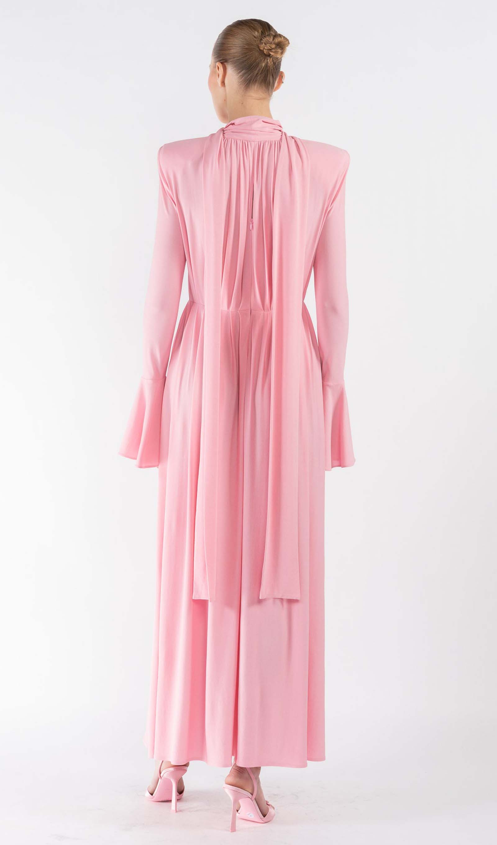 Çiçekli V Yaka Pileli Yırtmaçlı Uzun Elbise - Pembe