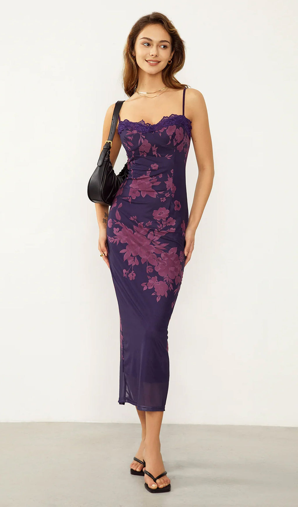 Bağcıklı Dantel Kenarlı Çiçekli File Midi Elbise